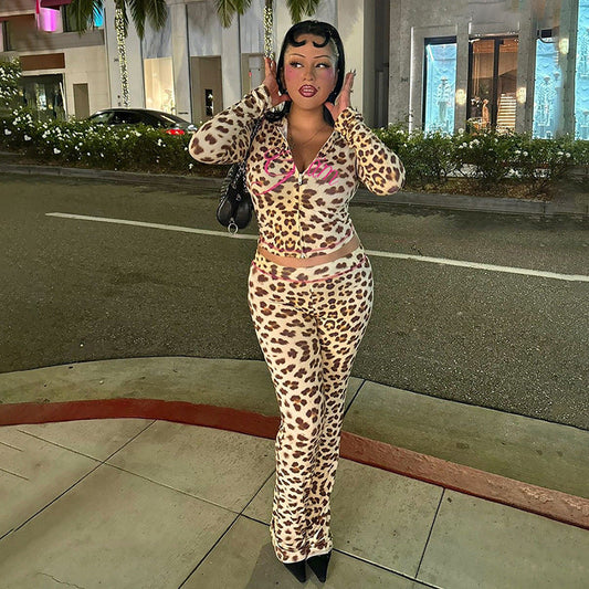 Cárdigan con capucha y estampado de leopardo para mujer, pantalones ajustados de cintura alta, traje de verano