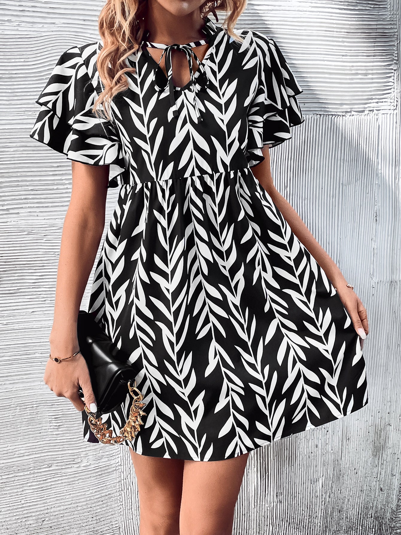 Vestido de cintura alta con cuello en V y estampado para mujer