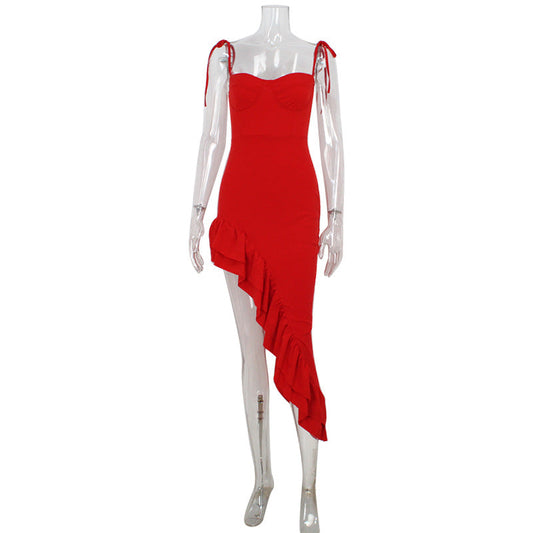 Vestido asimétrico irregular con top de tubo sexy de primavera con volantes y tirantes finos para socialité