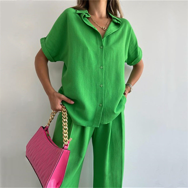 Traje de pantalón de pierna ancha para primavera y verano, camisa de manga holgada, top, pantalones casuales, ropa de dos piezas para mujer