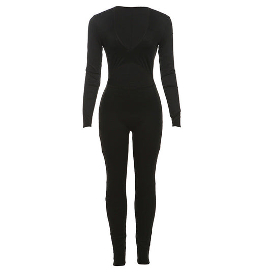 Mono deportivo sexy de otoño e invierno con escote en V profundo, ajustado, de manga larga y color liso para mujer