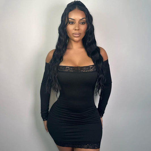 Women’s Clothing Lace Stitching Solid Color Basic Skinny Sheath off-Neck Tube Top Long Sleeve Dress Dress