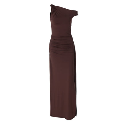 Vestido de mujer primavera verano ajustado cuello diagonal sin mangas abertura color sólido