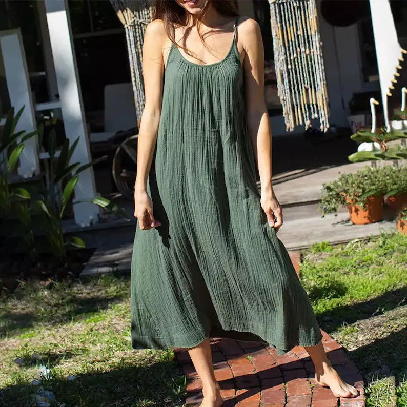 Vestido camisola informal de algodón para mujer, vestido largo de verano para vacaciones, suelto, de color liso, sin espalda, de gasa de doble capa, sin mangas