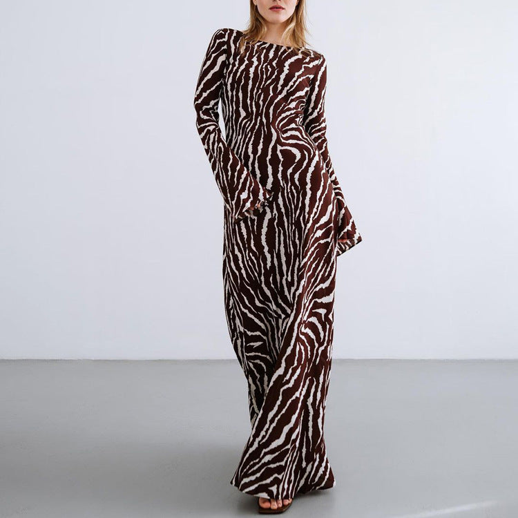 Vestido holgado con estampado de rayas, informal, de cuello redondo y manga larga, para mujer, otoño e invierno