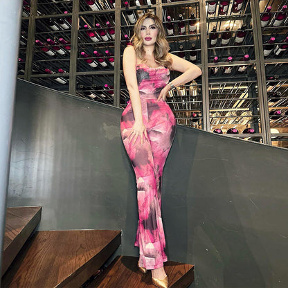 Mono de mujer con tirantes sexys, espalda descubierta y estampado floral de malla de otoño