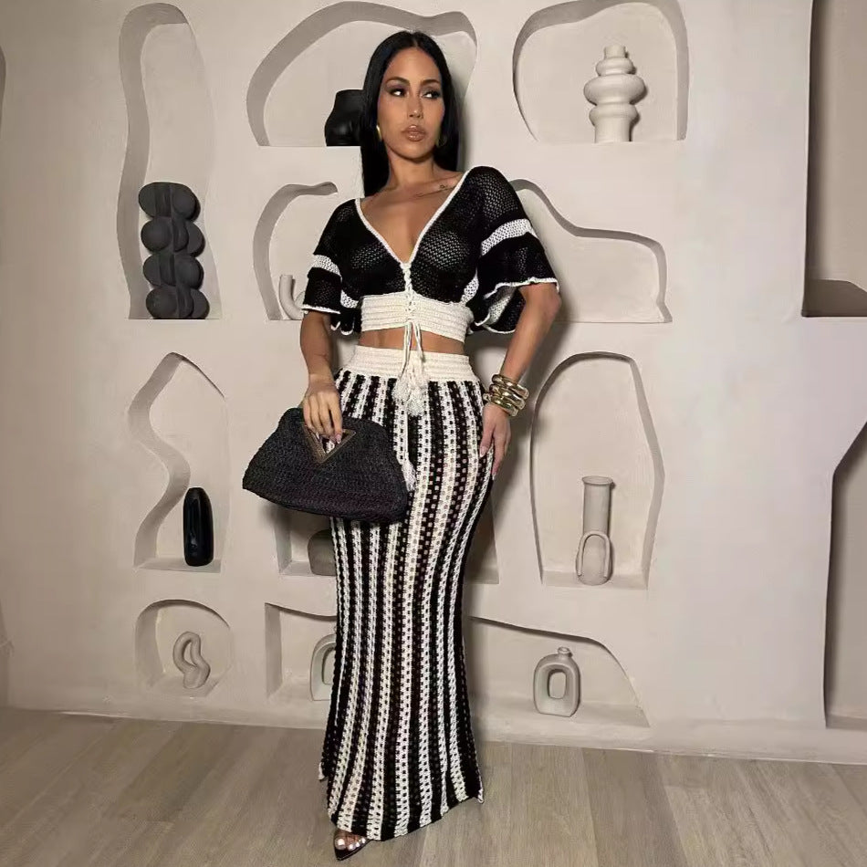 Conjunto de falda de punto a rayas con escote en V y aberturas para mujer, ropa de verano