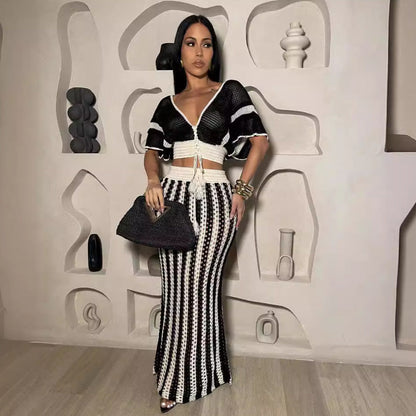 Conjunto de falda de punto a rayas con escote en V y aberturas para mujer, ropa de verano