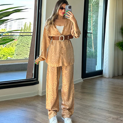 Conjunto de dos piezas formado por camisa de manga larga y pantalón holgado con cintura elástica y estampado de leopardo para mujer, primavera y otoño