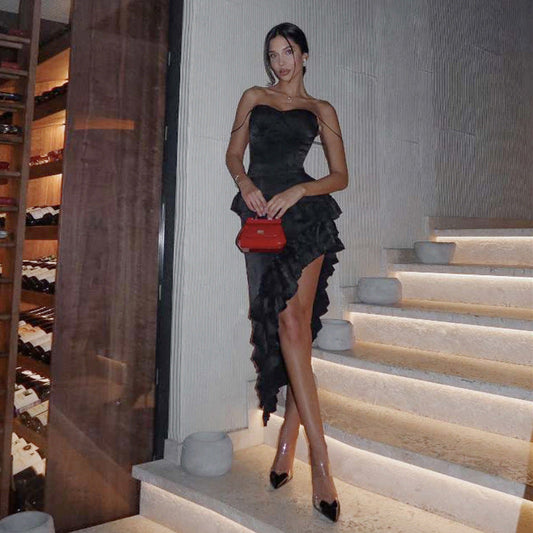 Vestido de otoño-invierno para mujer, sexy, sin espalda, con volantes, irregular, asimétrico, con abertura y tirantes.