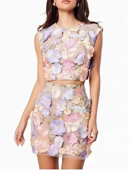 Conjunto de dos piezas formado por falda y top corto, sin mangas, bordado a ganchillo, de alta calidad, para mujer
