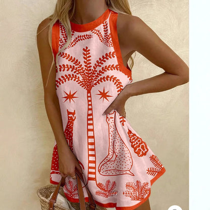 Vestido mini sin mangas de lino estampado para mujer