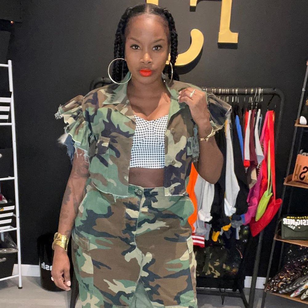 Ropa de camuflaje para mujer, cárdigan personalizado con bolsillos y mangas con volantes, abrigo de manga corta para exteriores para mujer