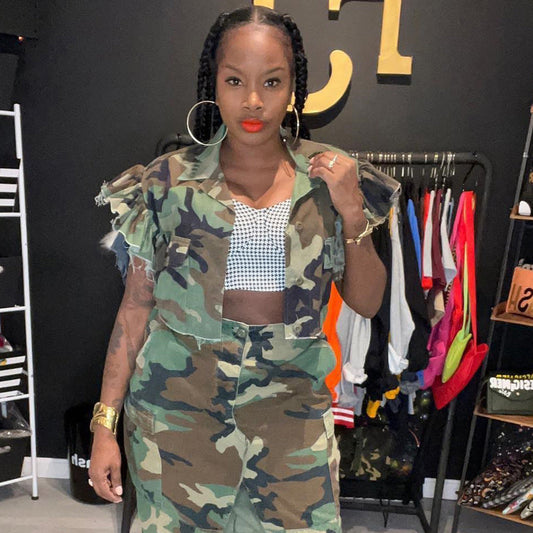 Ropa de camuflaje para mujer, cárdigan personalizado con bolsillos y mangas con volantes, abrigo de manga corta para exteriores para mujer