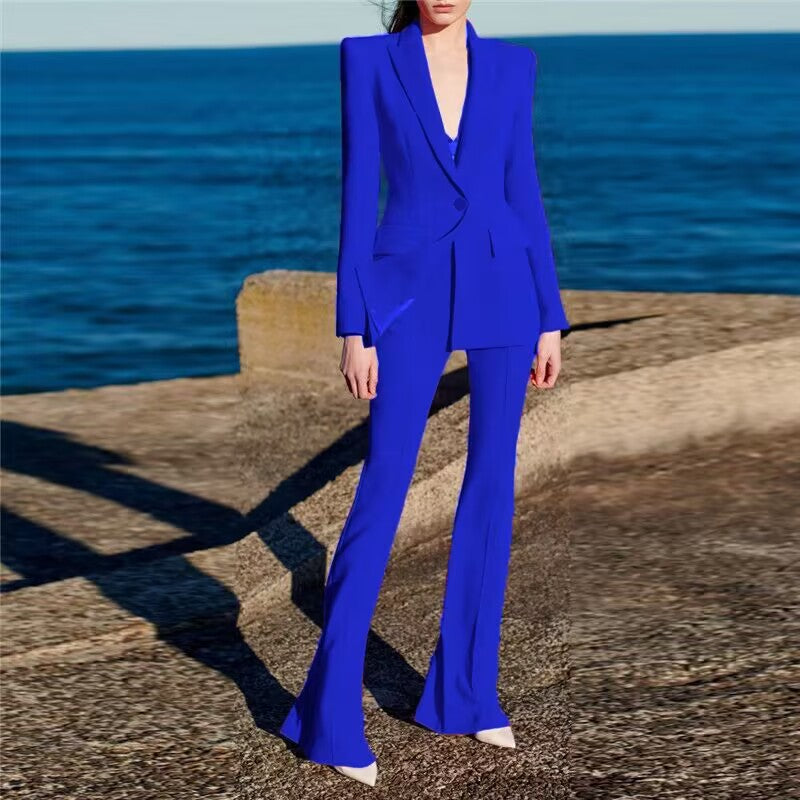 Traje de negocios Star con un botón y cubierta de tela, largo medio, pantalón acampanado, traje de dos piezas