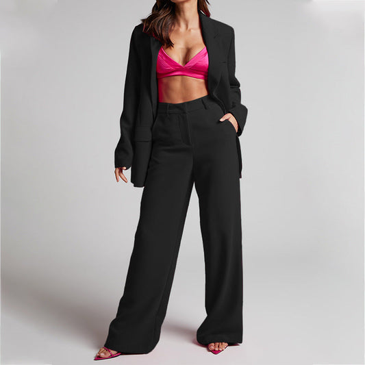 Conjunto de dos piezas de pantalones de cintura alta y manga larga con cuello elegante de primavera