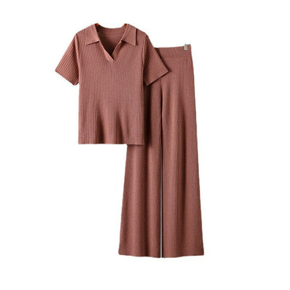Ropa de mujer, jersey de cuello polo, top de manga corta, pantalones anchos de color liso adelgazantes, traje de punto