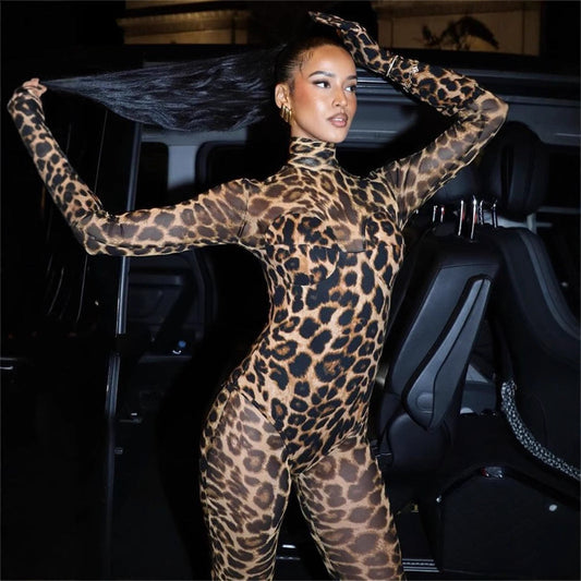 Mono elástico ajustado de otoño con estampado de leopardo transparente y malla sexy