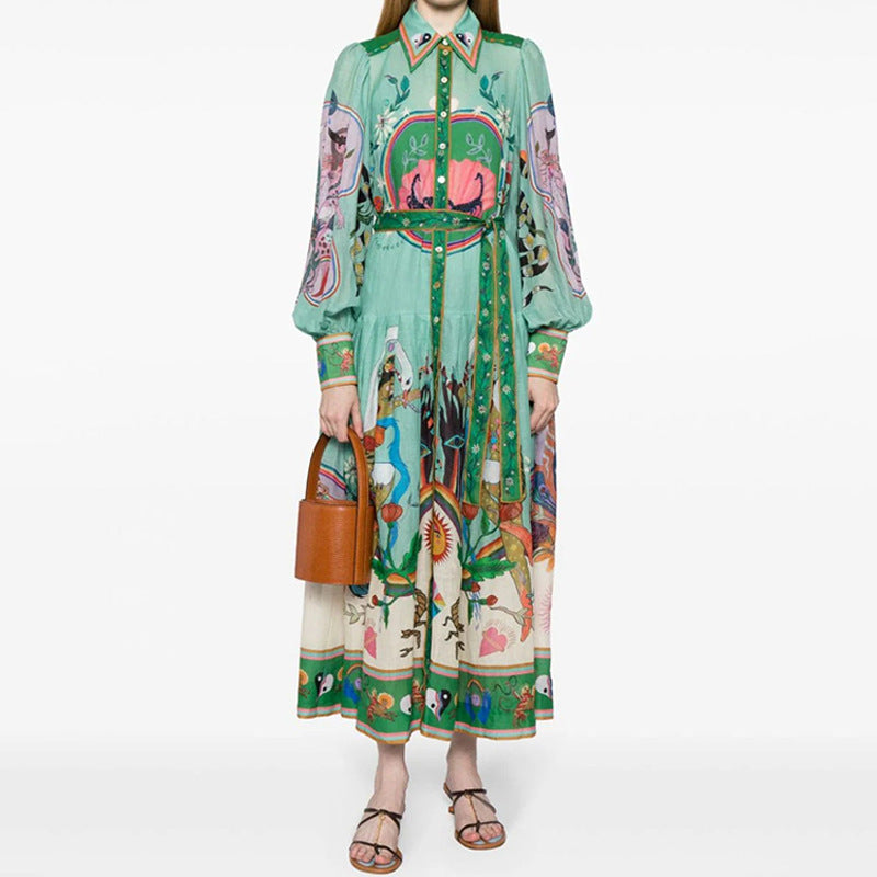 Vestido vintage con estampado de manga farol y cintura ajustada con dobladillo grande para mujer