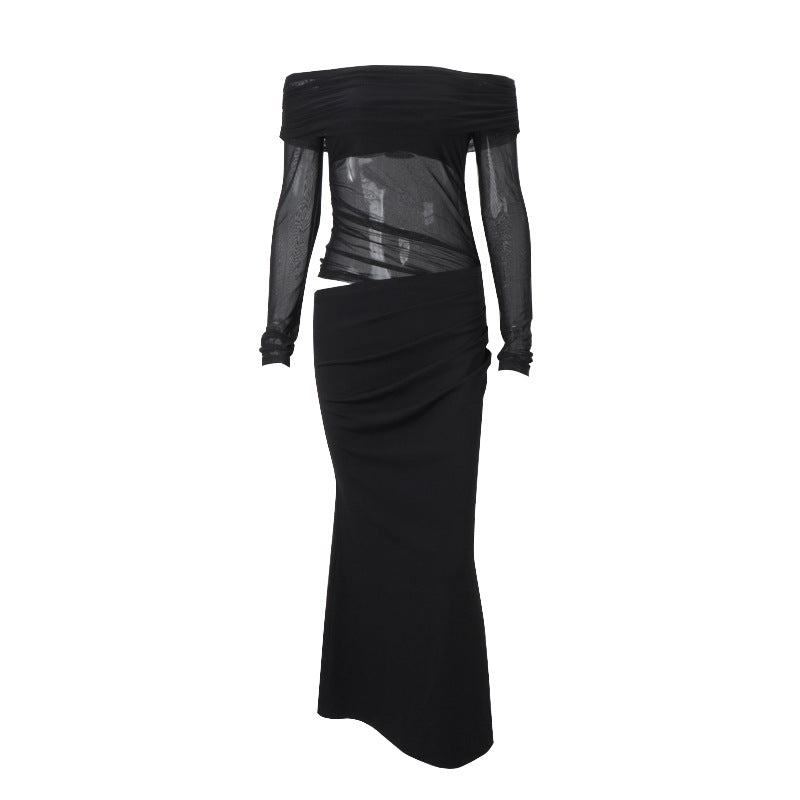 Vestido de primavera para mujer, sexy, con hombros descubiertos, costura de malla, mangas largas, con aberturas.