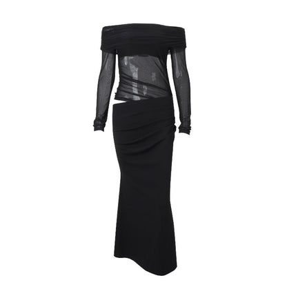 Vestido de primavera para mujer, sexy, con hombros descubiertos, costura de malla, mangas largas, con aberturas.