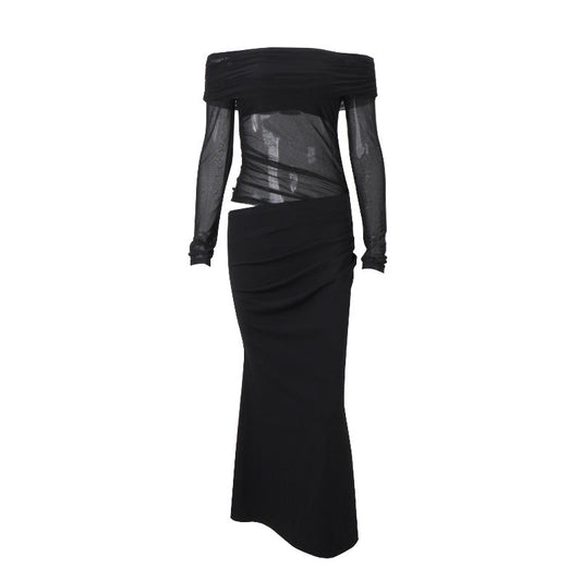 Vestido de primavera para mujer, sexy, con hombros descubiertos, costura de malla, mangas largas, con aberturas.