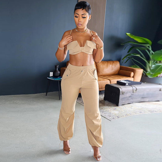 Conjunto de dos piezas con corsé y tirantes finos para mujer, pantalón corto con cordones y pantalones atados al tobillo.