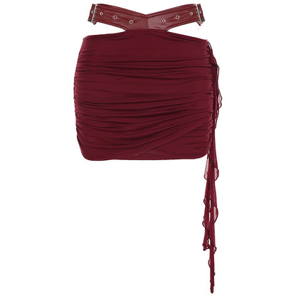 Conjunto de falda y top de tubo con cordones y cintura moldeada estilo vintage para mujer, de cuero, con aberturas en la muñeca y cortes colgantes