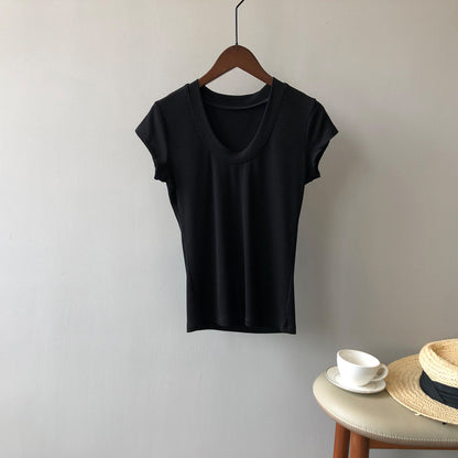 Camiseta de color liso para mujer, camiseta de verano sencilla con cuello en U, camiseta elástica adelgazante para mujer
