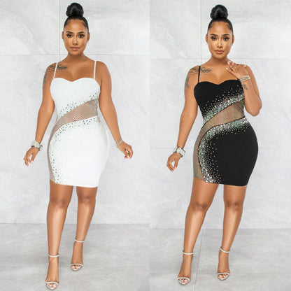 Vestido sexy ajustado de malla con tirantes de diamantes de imitación