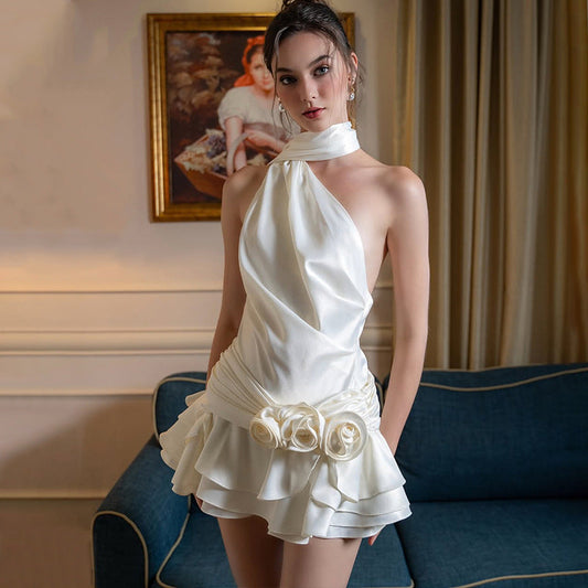 Vestido de satén sin espalda y hombros descubiertos de alta calidad para mujer