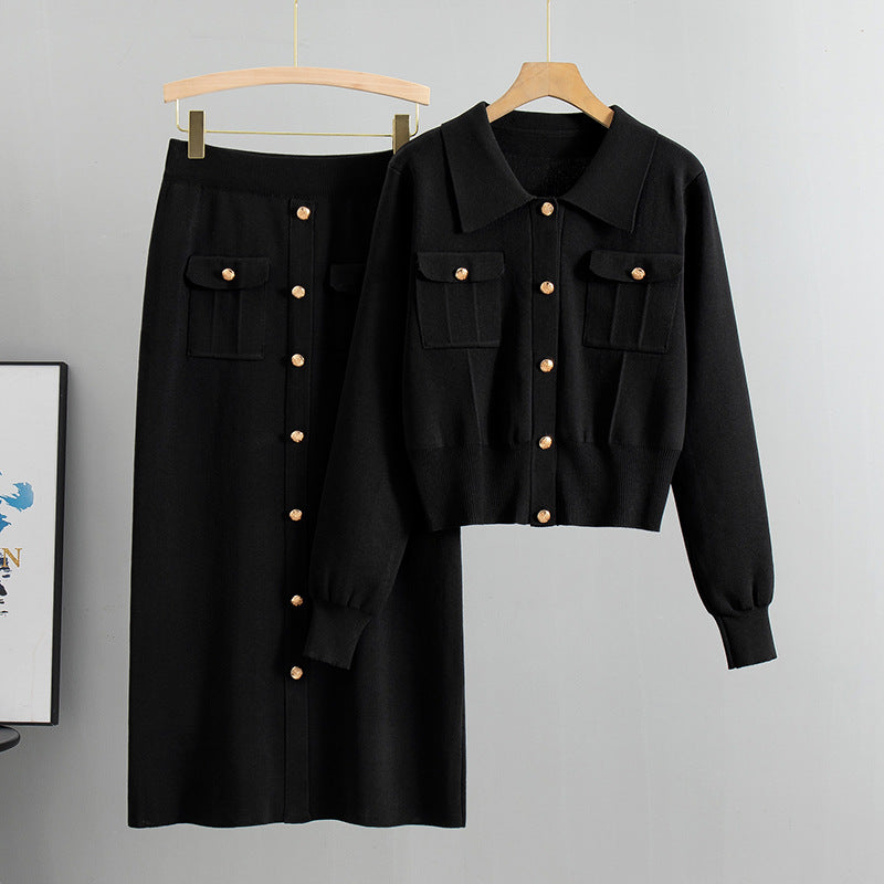 Suéter Chanel con cuello francés para otoño e invierno, cárdigan para mujer, top de punto, falda ajustada, conjunto de dos piezas