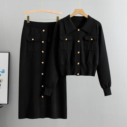 Suéter Chanel con cuello francés para otoño e invierno, cárdigan para mujer, top de punto, falda ajustada, conjunto de dos piezas