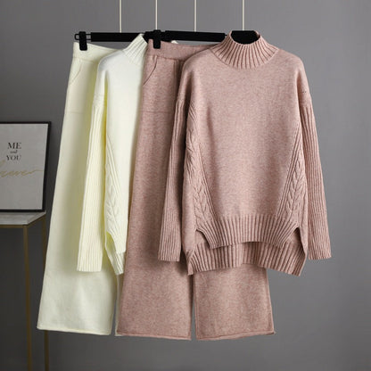 Conjunto de dos piezas formado por suéter y pantalón ancho de punto, para otoño e invierno, a la moda y elegante, para mujer