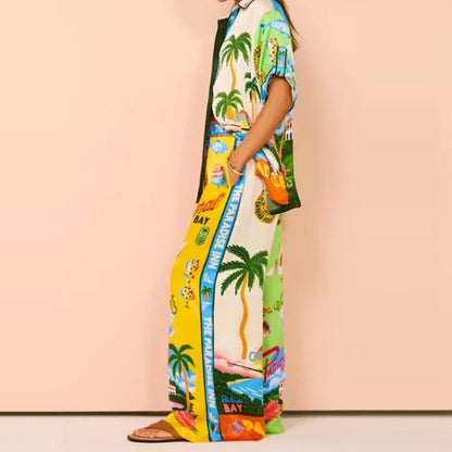 Conjunto informal de pantalones anchos con cintura elástica y bolsillo para mujer, ropa de verano con estampado multicolor