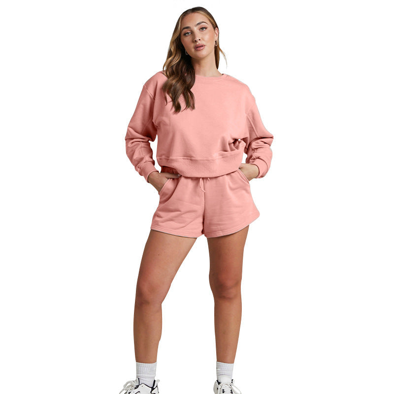 Solid Color Long Sleeve Sweaters Women Clothing Short Two-Piece Casual Shorts Suit