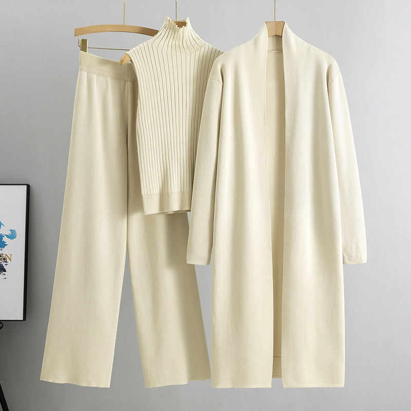 Conjunto de tres piezas de primavera para mujer, traje de punto holgado, cárdigan con chal largo y cuello alto, chaleco y pantalones de pierna ancha