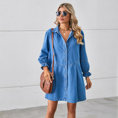 Vestido vaquero midi holgado de manga larga con costuras y lavado para mujer