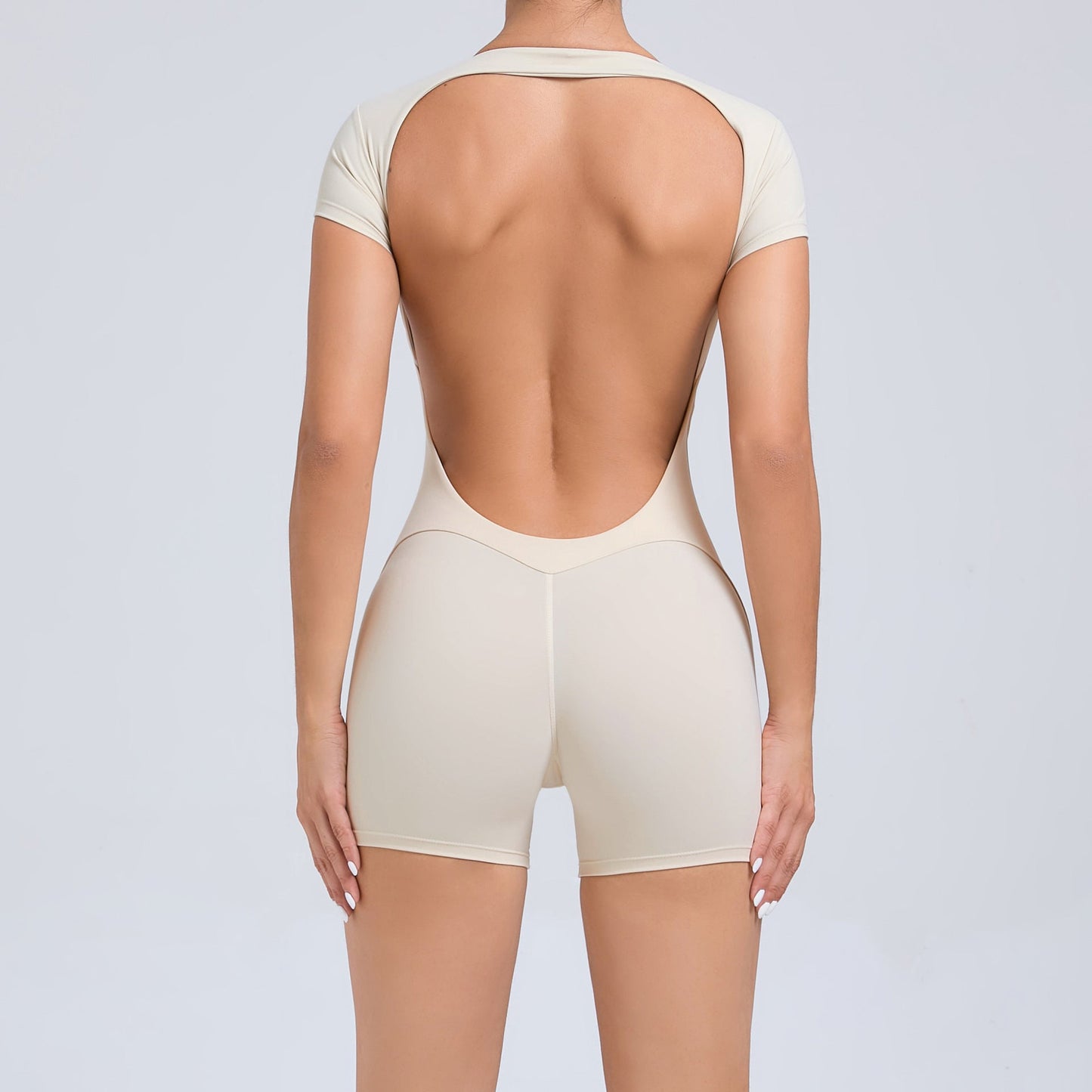 Mono de yoga ajustado de manga corta con espalda descubierta y escote en V para baile, deportes, entrenamiento y levantamiento de cadera y abdomen.