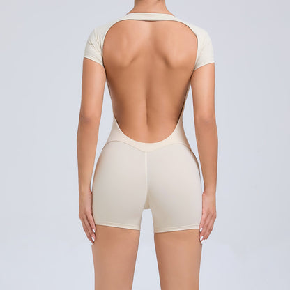 Mono de yoga ajustado de manga corta con espalda descubierta y escote en V para baile, deportes, entrenamiento y levantamiento de cadera y abdomen.