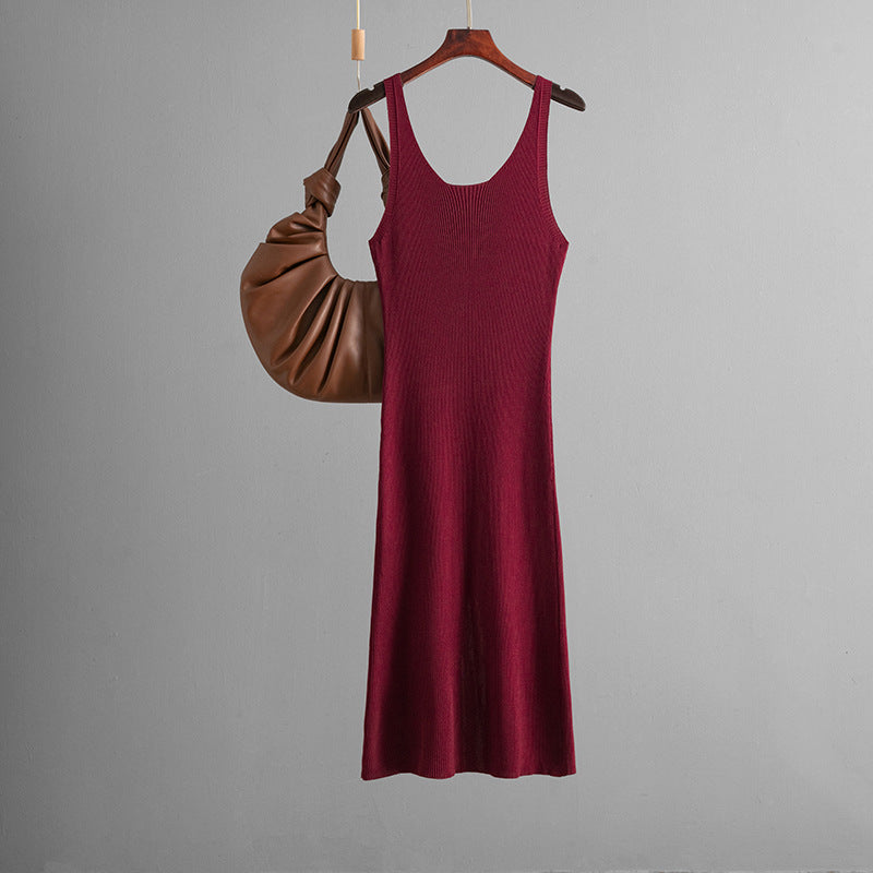 Vestido maxi sexy de punto con tirantes, de verano, de color liso, con abertura en la espalda