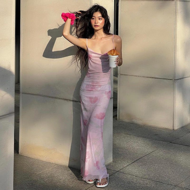Vestido largo de verano con estampado floral, de malla, sexy, dulce y picante, con escote pronunciado