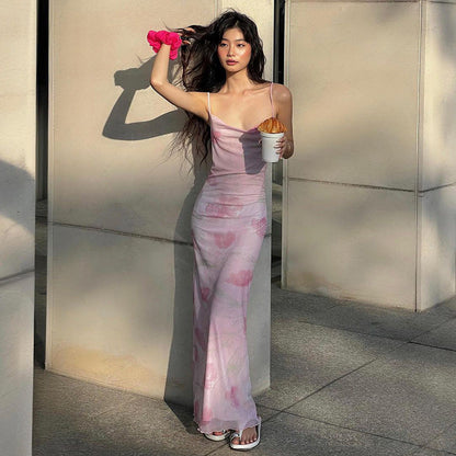 Vestido largo de verano con estampado floral, de malla, sexy, dulce y picante, con escote pronunciado