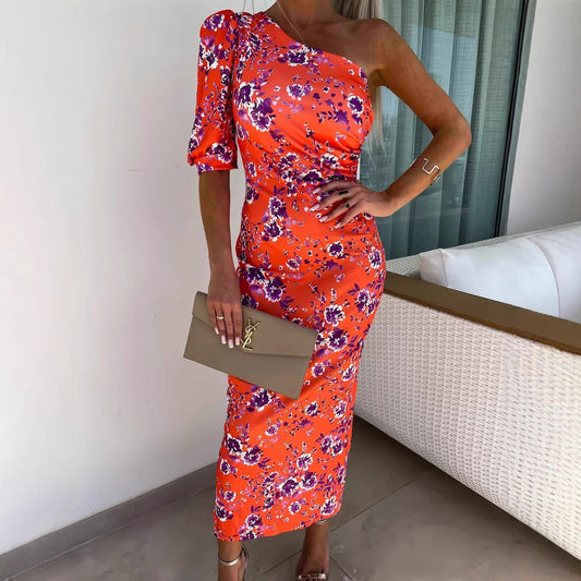 Summer Women Clothing Oblique Shoulder Printed Sheath Fold Split Dress