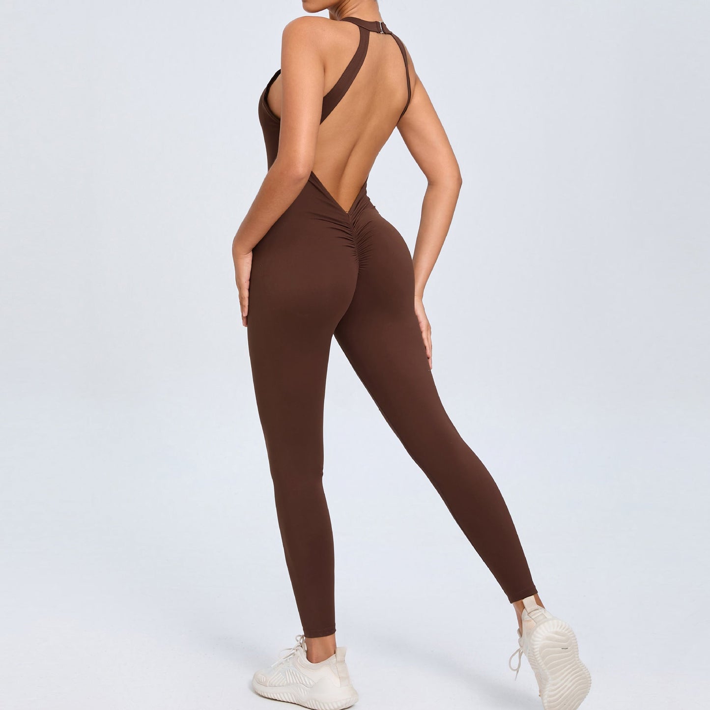 Mono de yoga con hebilla en la espalda para mujer, color melocotón, sin espalda, deportivo, de secado rápido, de una pieza, para fitness