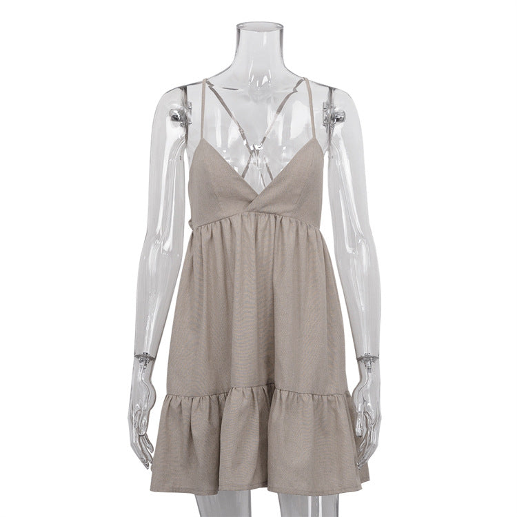 Vestido lencero de corte A retro de principios de primavera, sexy, plisado, de lino y algodón, con cuello en V