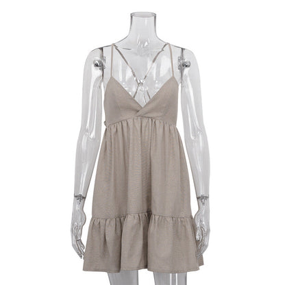Vestido lencero de corte A retro de principios de primavera, sexy, plisado, de lino y algodón, con cuello en V