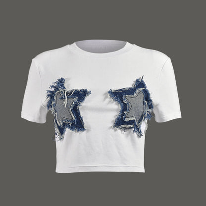 Autumn Summer Stitching Tassel Five Pointed Star Cropped round Neck T shirt for Women