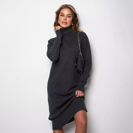 Women Clothing Turtleneck Knitting Dress Autumn Winter Loose Inner Wear Solid Color Slimming Woolen