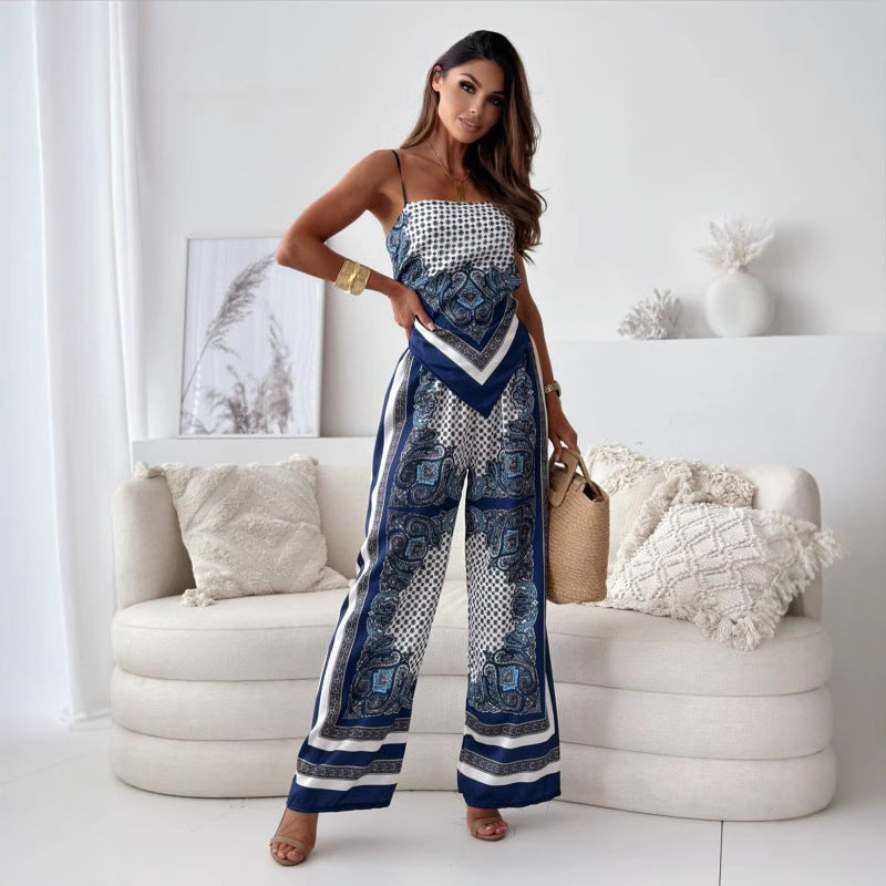 Conjunto de dos piezas para mujer, con estampado sexy, tirantes finos, corsé, pantalones florales y posicionamiento